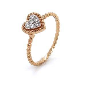 18K roségouden ring "Hart" 0.10crt VS Wesselton met parelrand