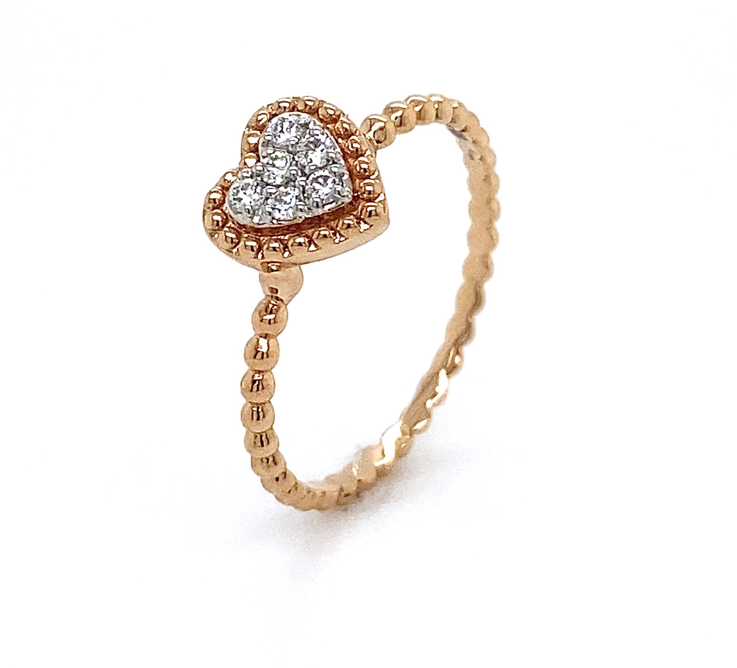 18K roségouden ring "Hart" 0.10crt VS Wesselton met parelrand