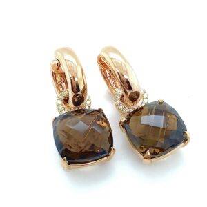 14K Creoolhangers roségoud met Rookquartz en 0.21 VS Wesselton diamant