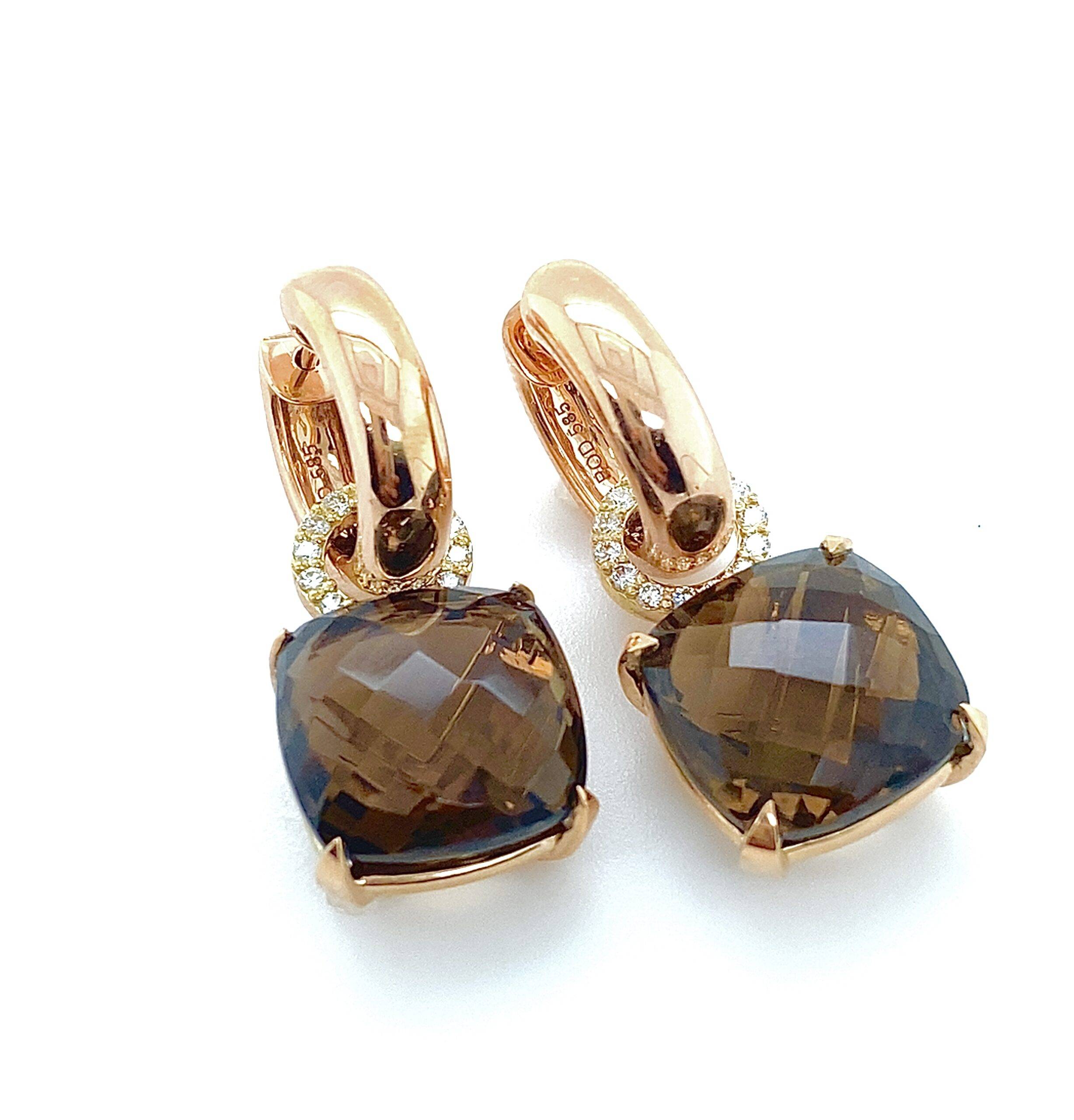 14K Creoolhangers roségoud met Rookquartz en 0.21 VS Wesselton diamant