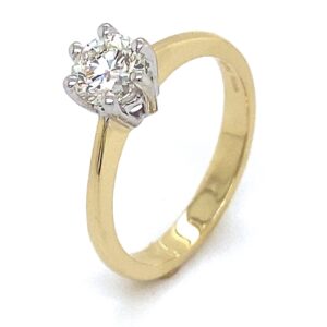 Solitair ring 14K geelgoud 6 poot toelopende band 0.70 crt VVS TW