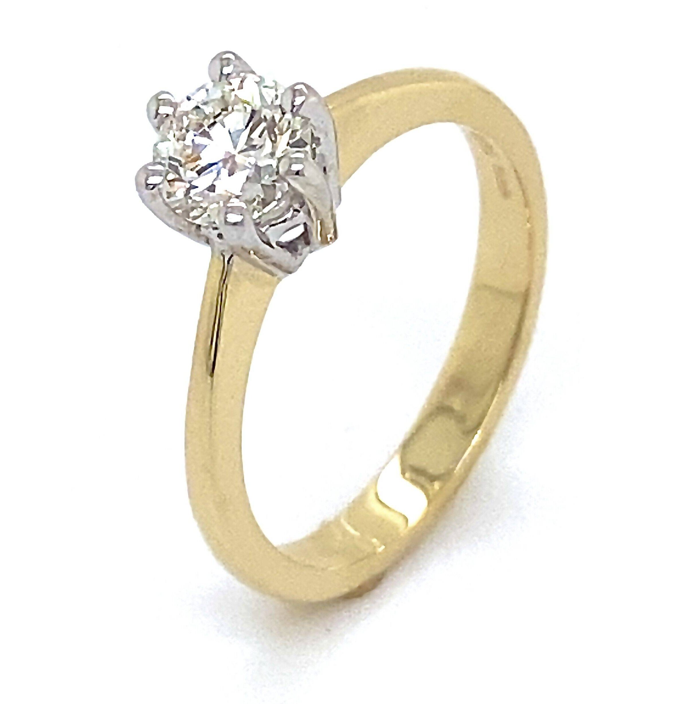 Solitair ring 14K geelgoud 6 poot toelopende band 0.70 crt VVS TW