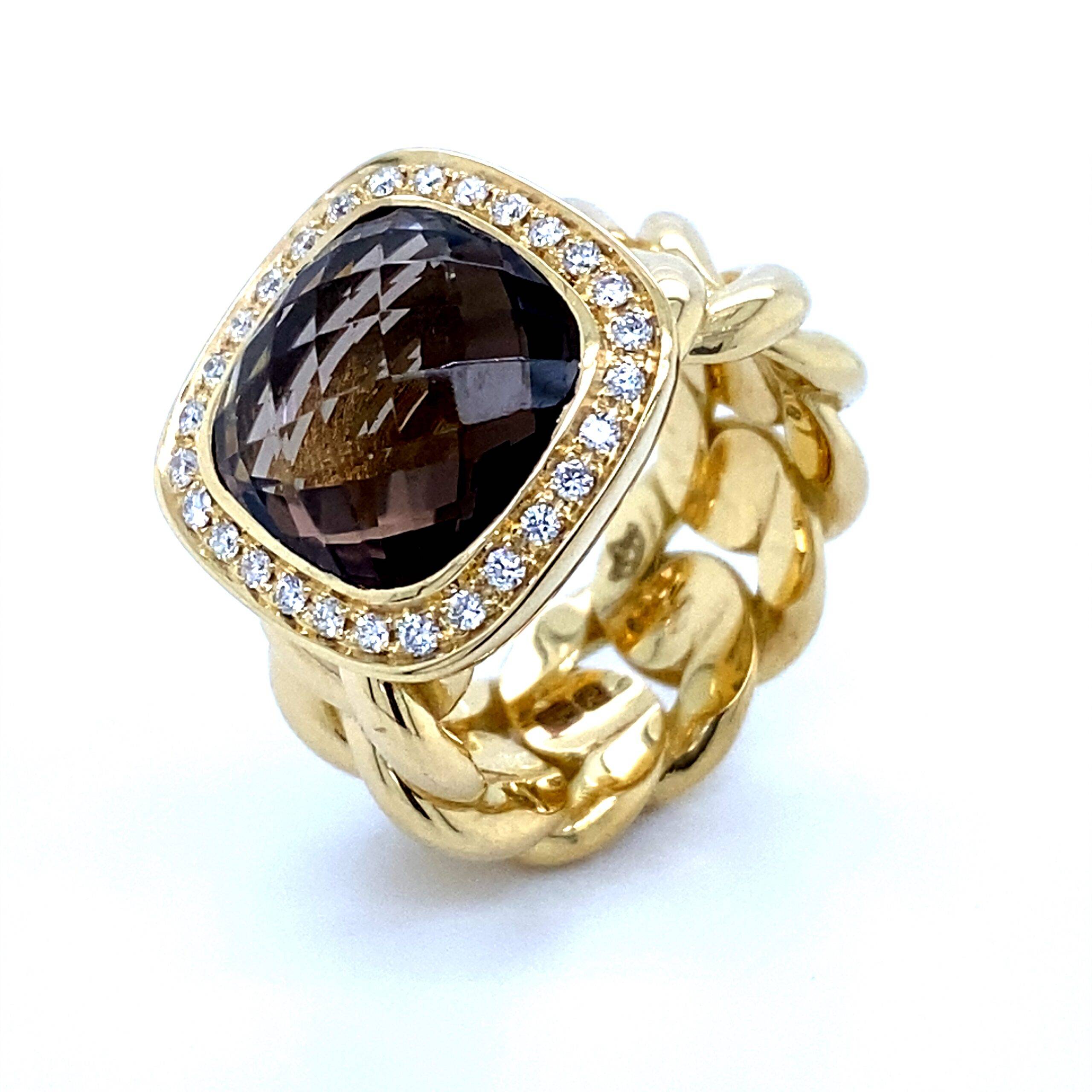 COMING SOON! 18K Geelgouden ring met Smokey Quartz en 0.38crt VS Top Wesselton