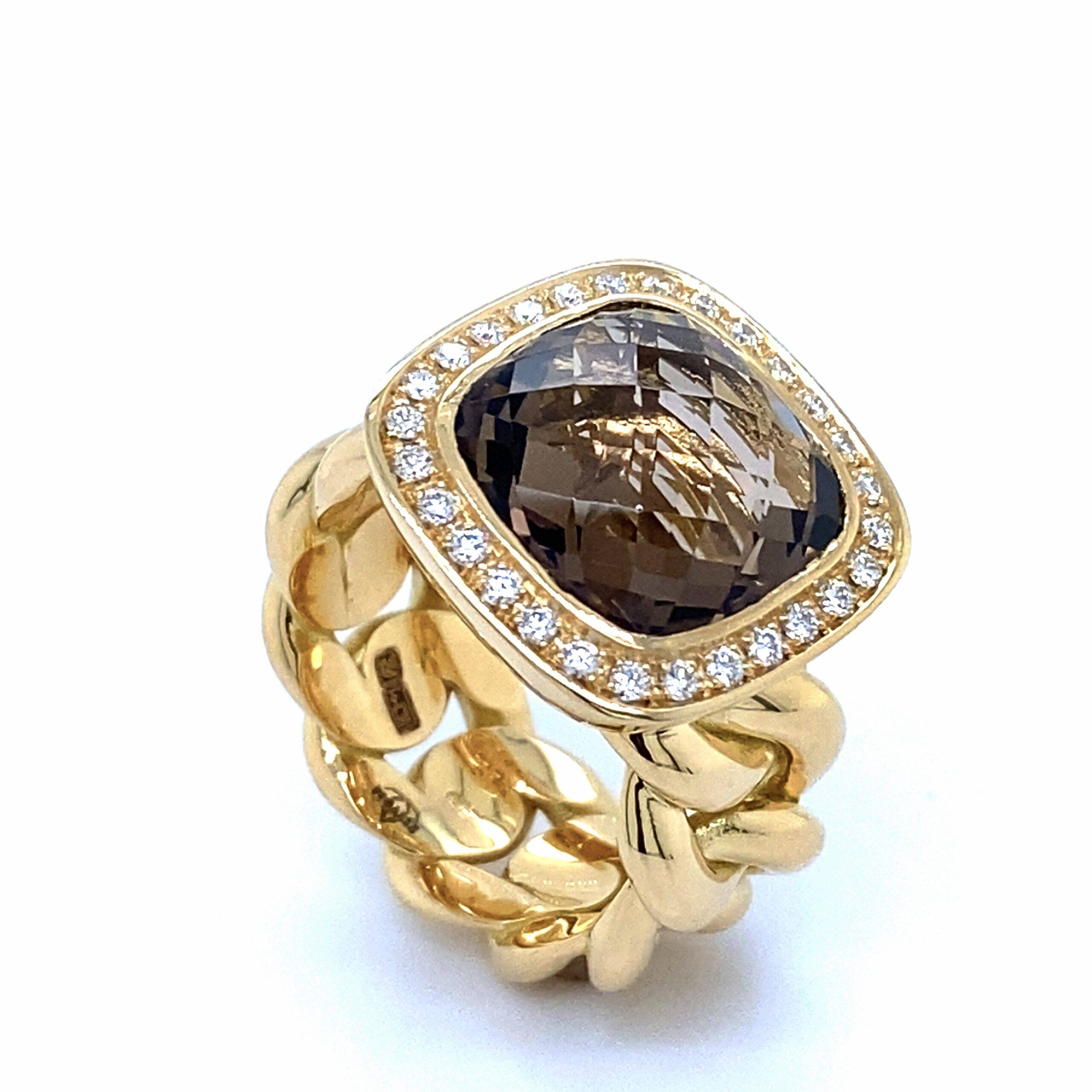 18K Geelgouden ring met Smokey Quartz en 0.38crt VS Top Wesselton
