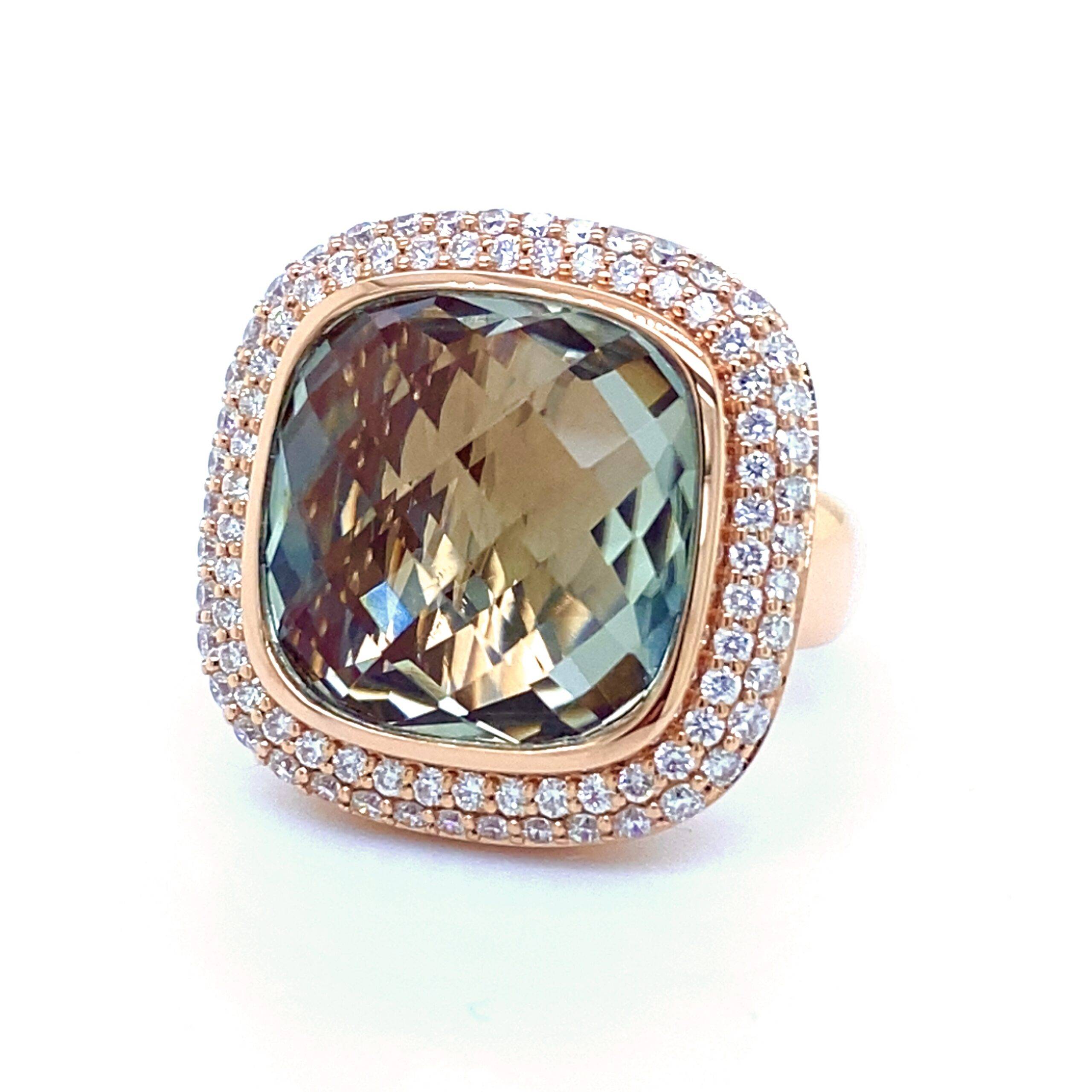 By Pigalle Pillow ring 14k rosé goud met diamant 1.09crt VS W en groene amethist