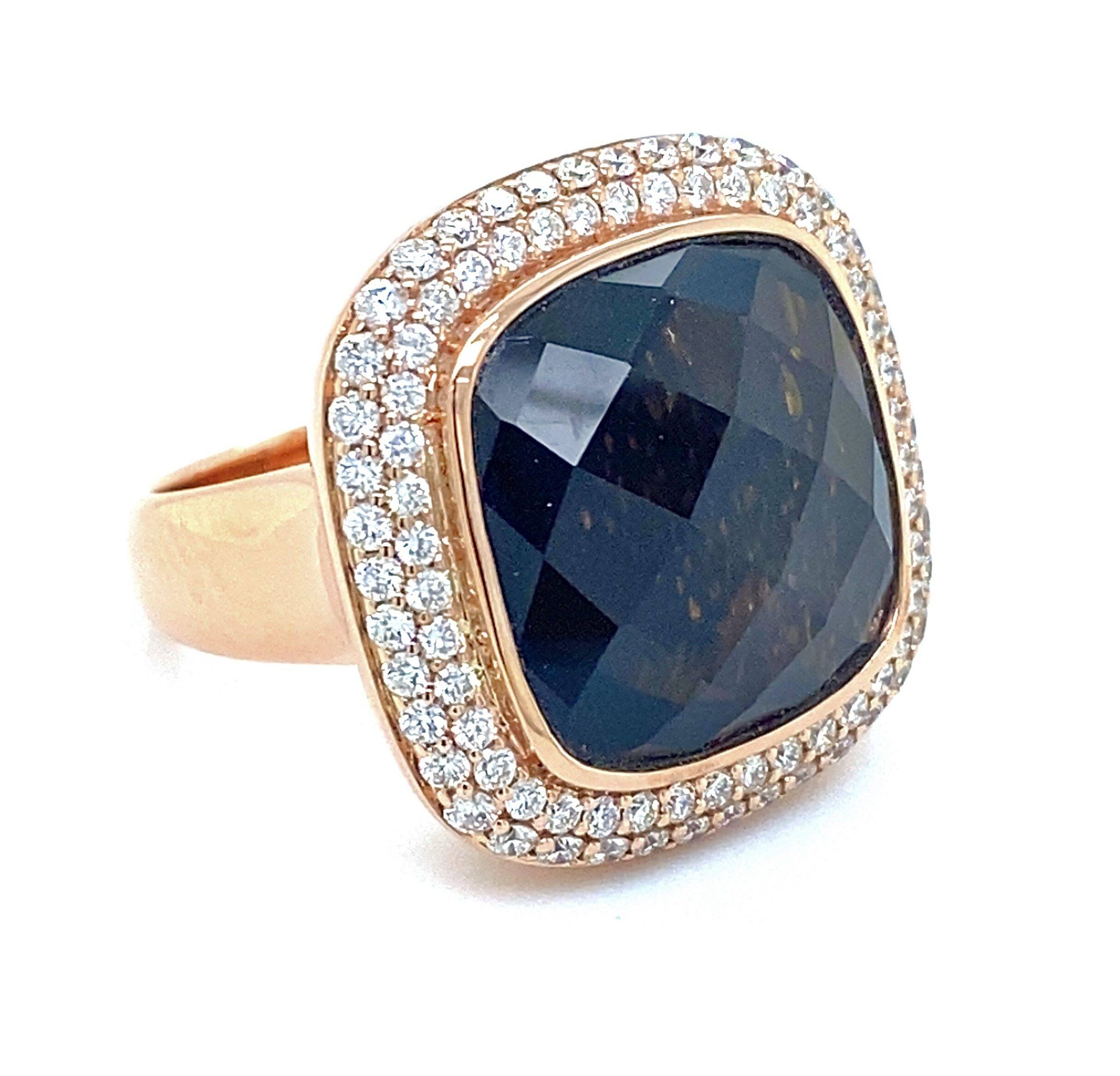 By Pigalle Pillow ring 14k roségoud met diamant 1.09crt VS W en smokey quartz