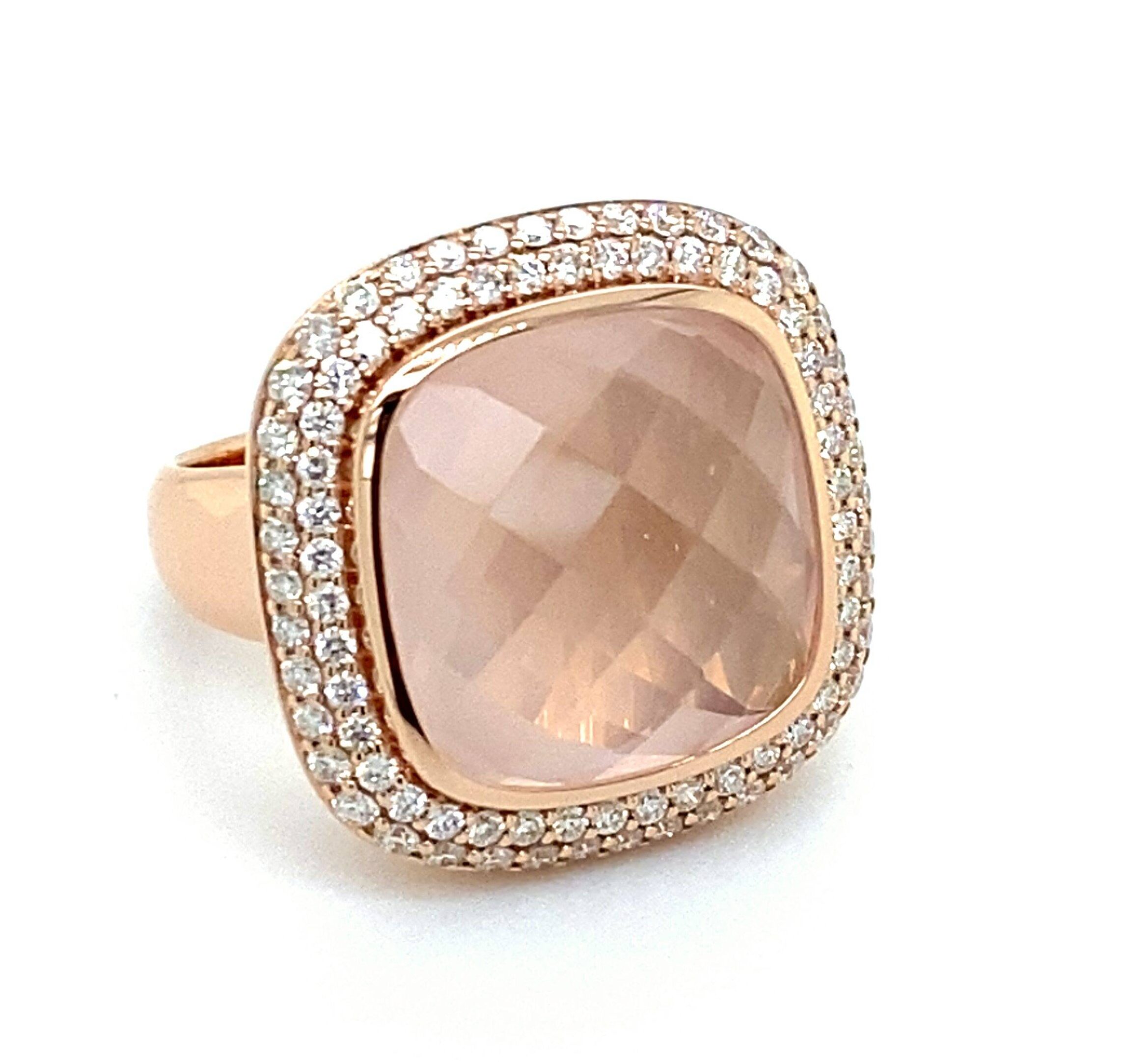By Pigalle Pillow ring 14k roségoud met diamant 1.09crt VS W en roze quartz