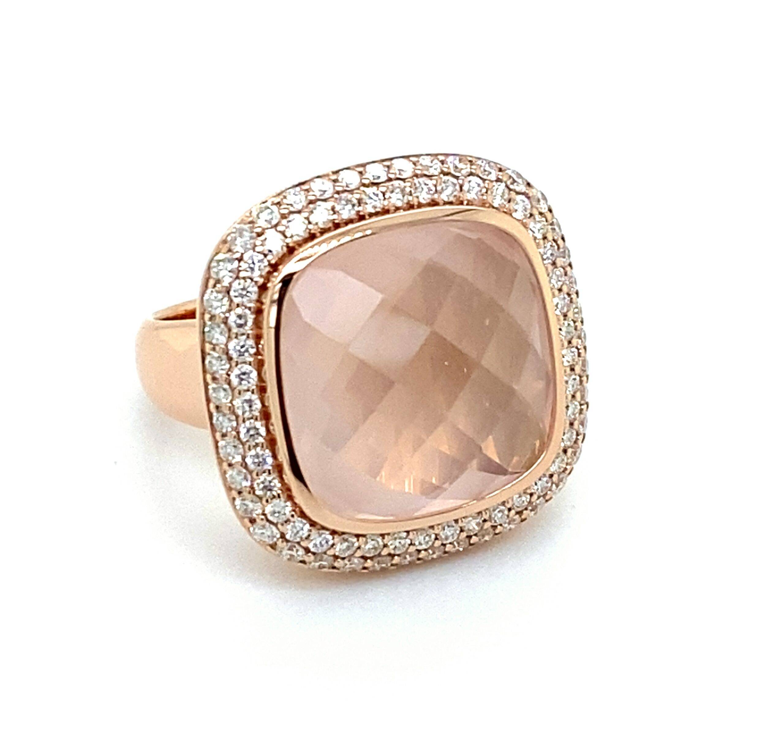 By Pigalle Pillow ring 14k roségoud met diamant 1.09crt VS W en roze quartz