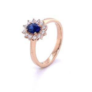 Entourge ring 'Lady Di" blauw saffier en diamant 0.26 Si Wesselton 18k roségoud