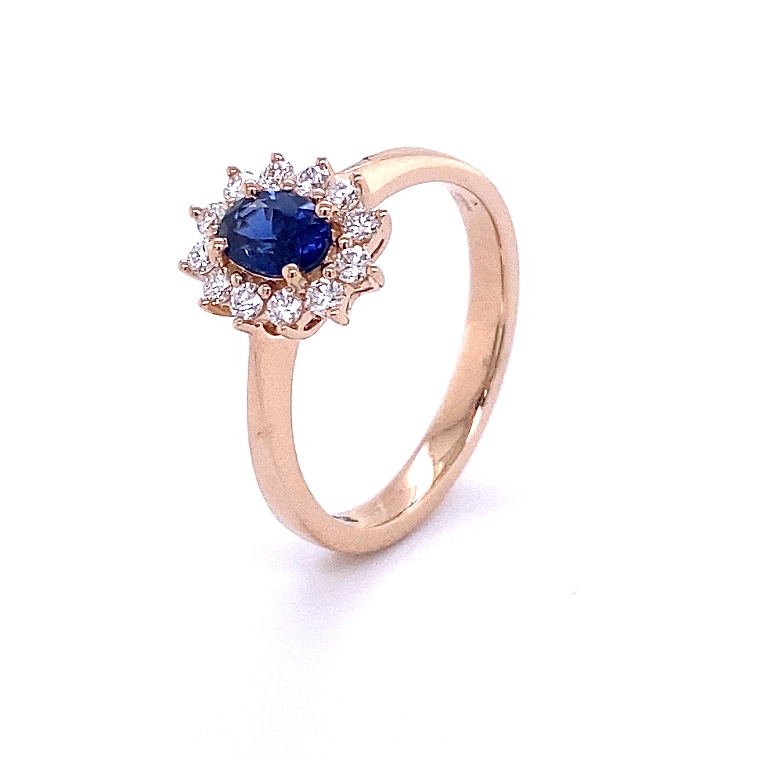 Entourge ring 'Lady Di" blauw saffier en diamant 0.26 Si Wesselton 18k roségoud