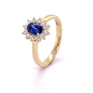 Entourge ring 'Lady Di" blauw saffier en diamant 0.26 Si Wesselton 18k geelgoud