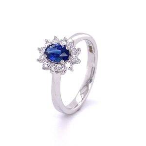 Entourge ring 'Lady Di" blauw saffier en diamant 0.26 Si Wesselton 18k witgoud