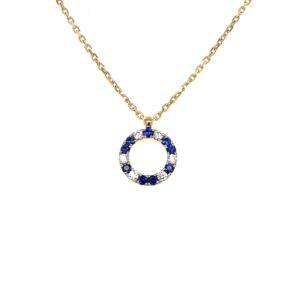 Collier met Ronde hanger 18k geelgoud diamant 0.16crt Si Wesselton- Blauw saffier