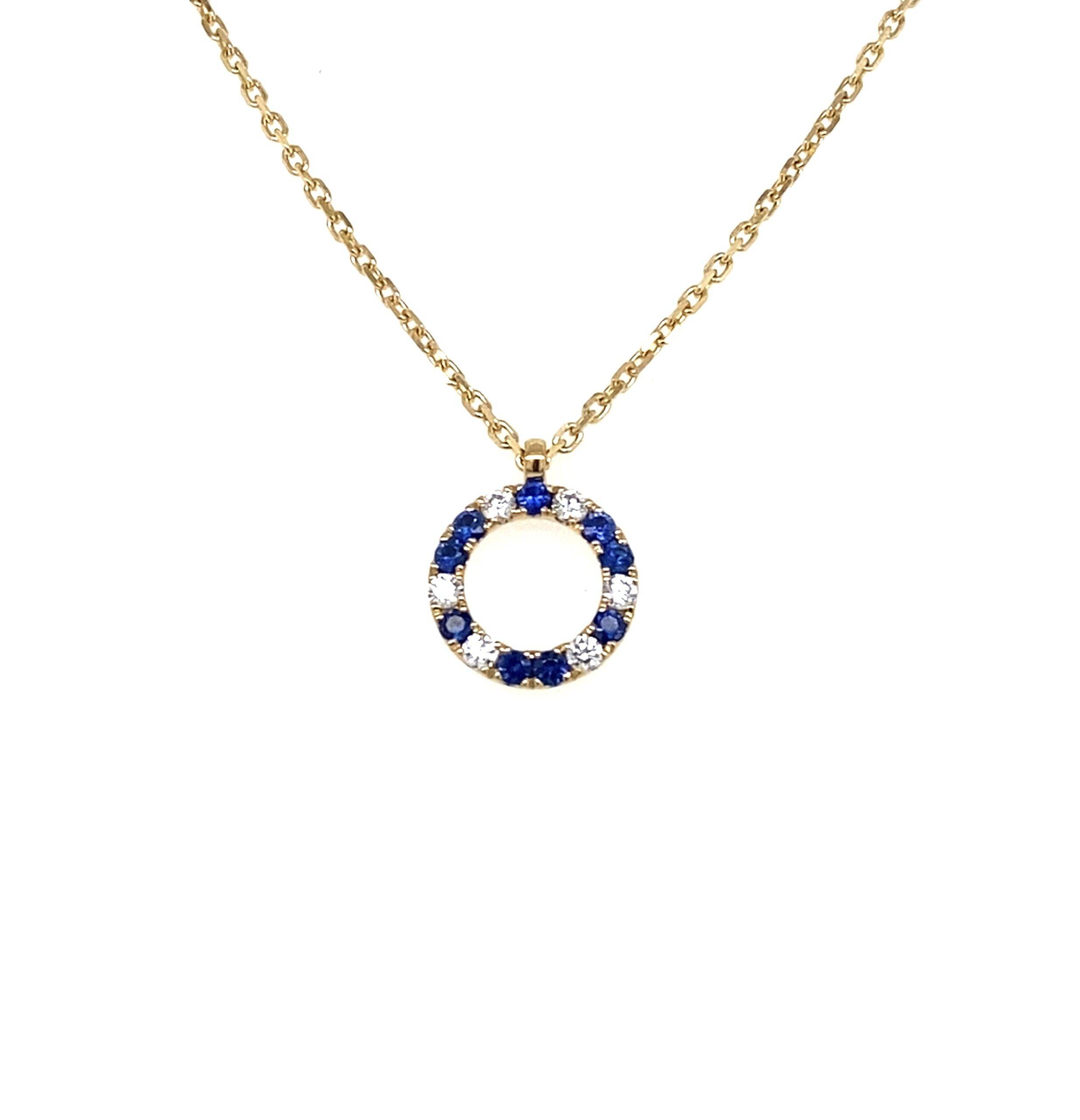 Collier met Ronde hanger 18k geelgoud diamant 0.16crt Si Wesselton- Blauw saffier