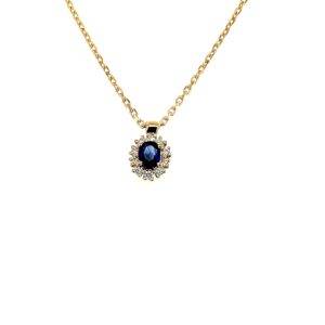 Collier met Entourage hanger 18k geelgoud diamant 0.13crt Si Wesselton-Blauw Saffier