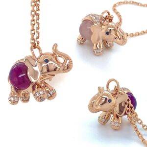 Tiempo & Tierra bedel roségouden olifant diamant, rhodoliet en roze quartz