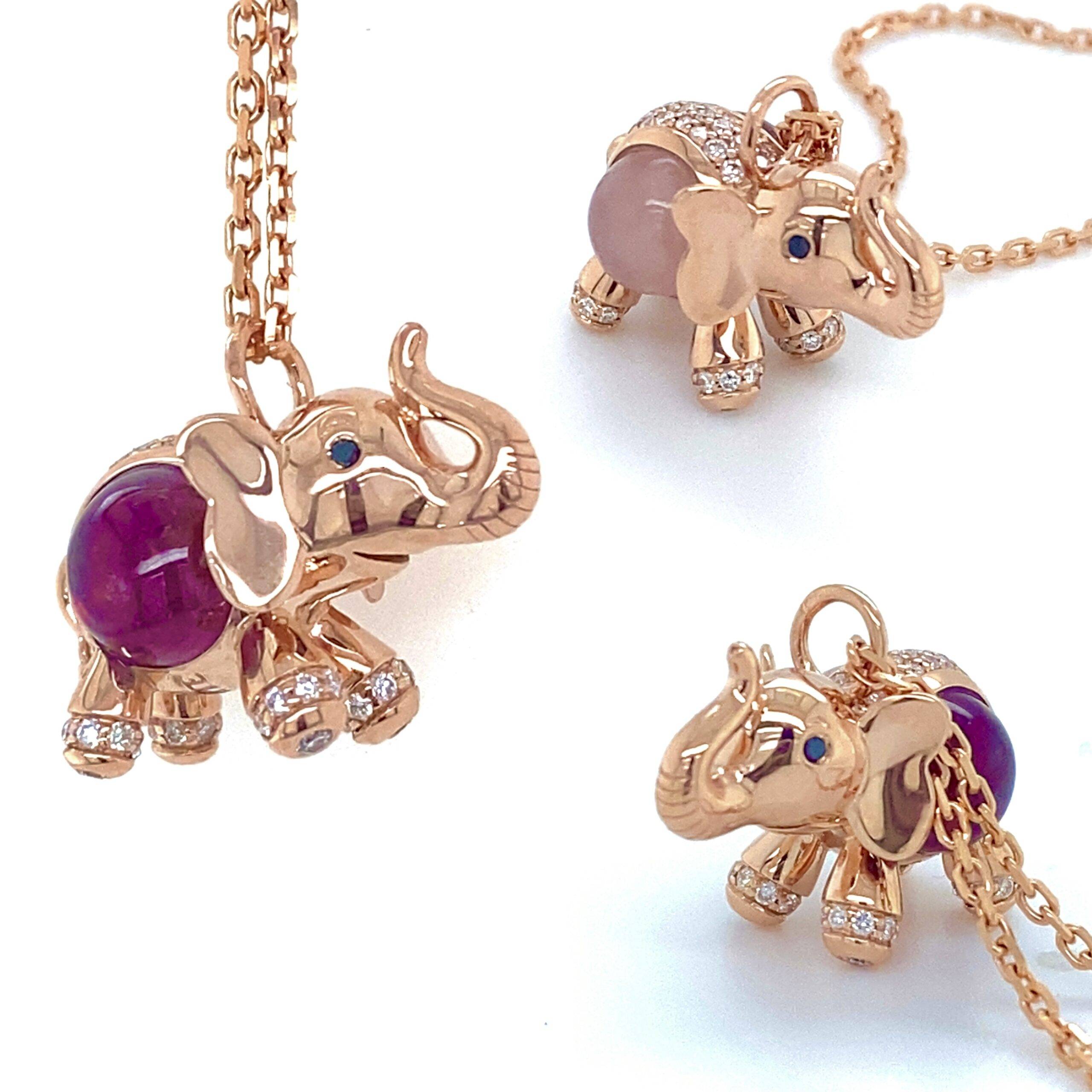 Tiempo & Tierra bedel roségouden olifant diamant, rhodoliet en roze quartz