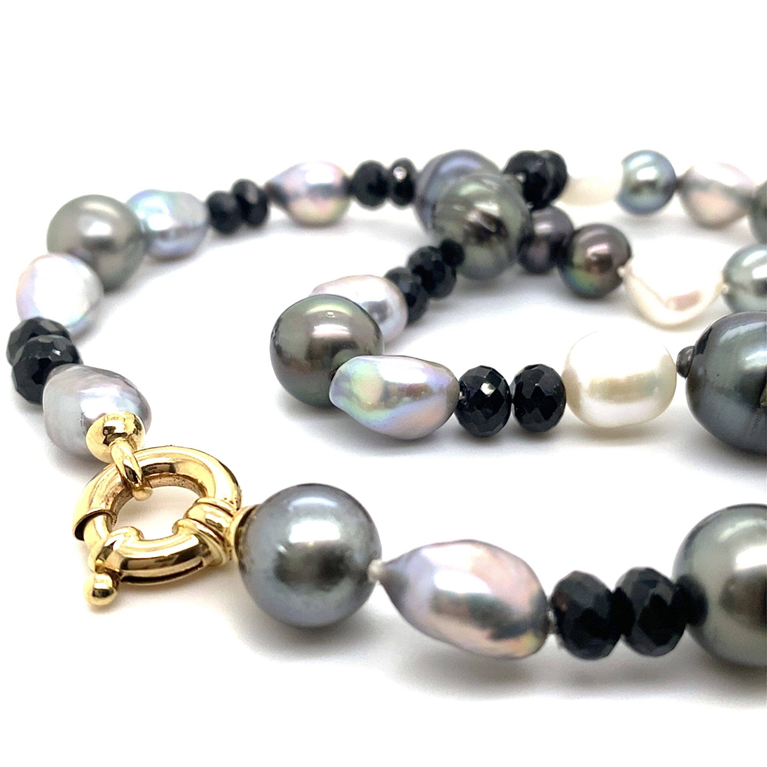 Parel Collier Onyx/ Tahiti-Barok 14K goud veerslot 15mm