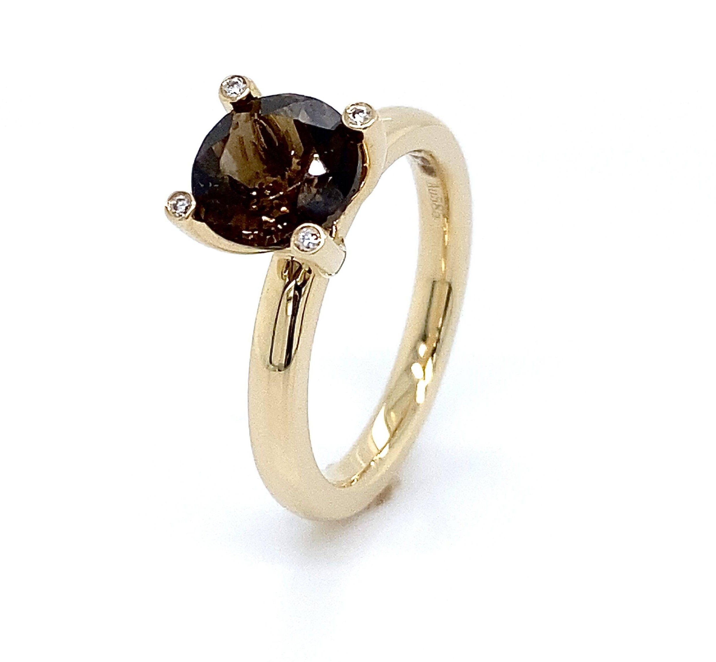 Ring Rookquartz14k geelgoud- briljant