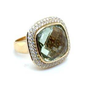 Pillow Ring met groene amethist en diamant 1.13crt VS Wesselton 14k goud