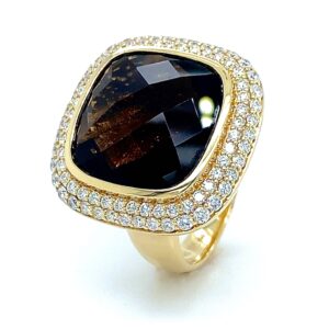 By Pigalle Pillow ring 14k geelgoud met diamant 1.09crt VS W en smokey quartz