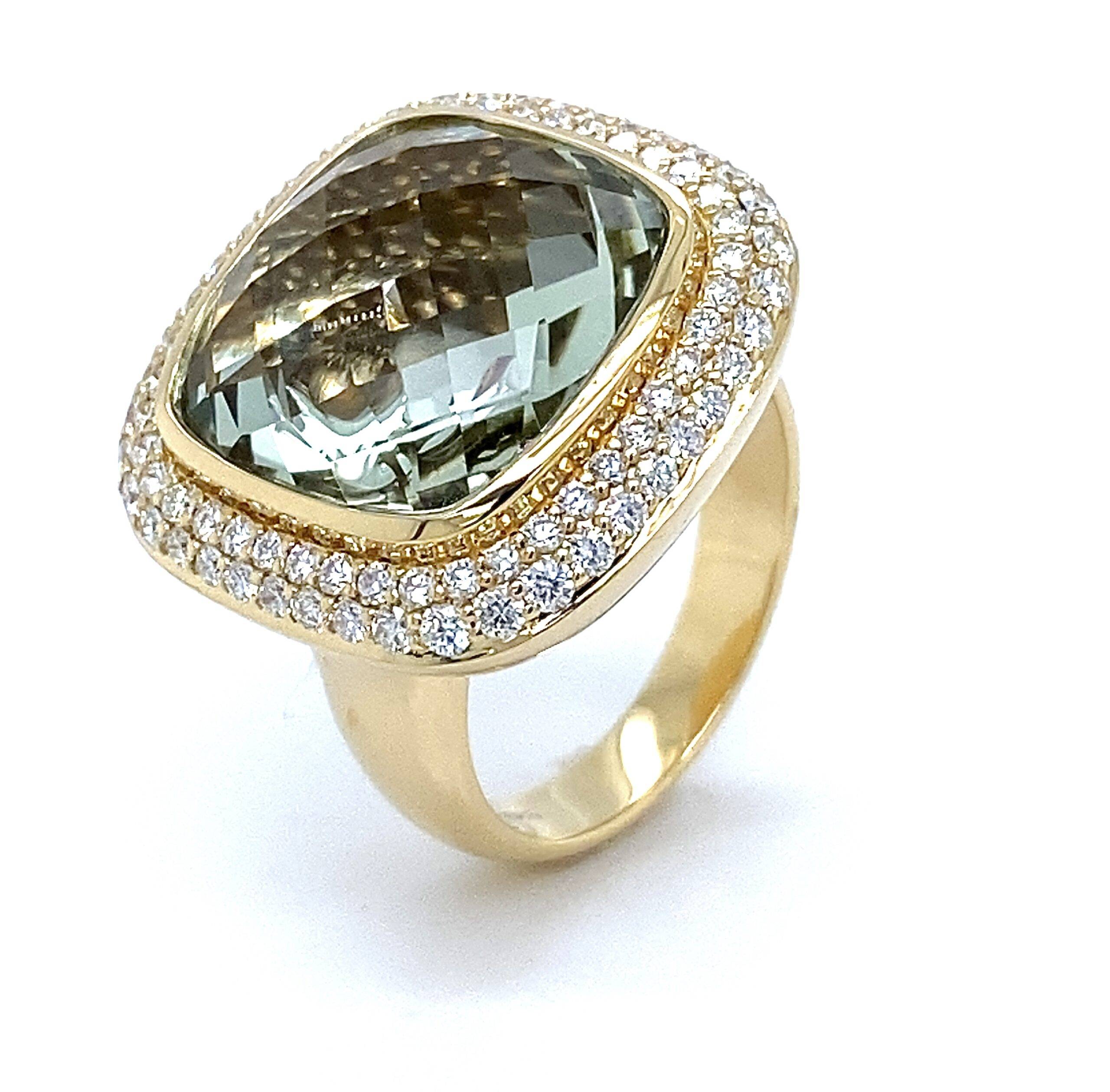 Pillow Ring met groene amethist en diamant 1.13crt VS Wesselton 14k goud