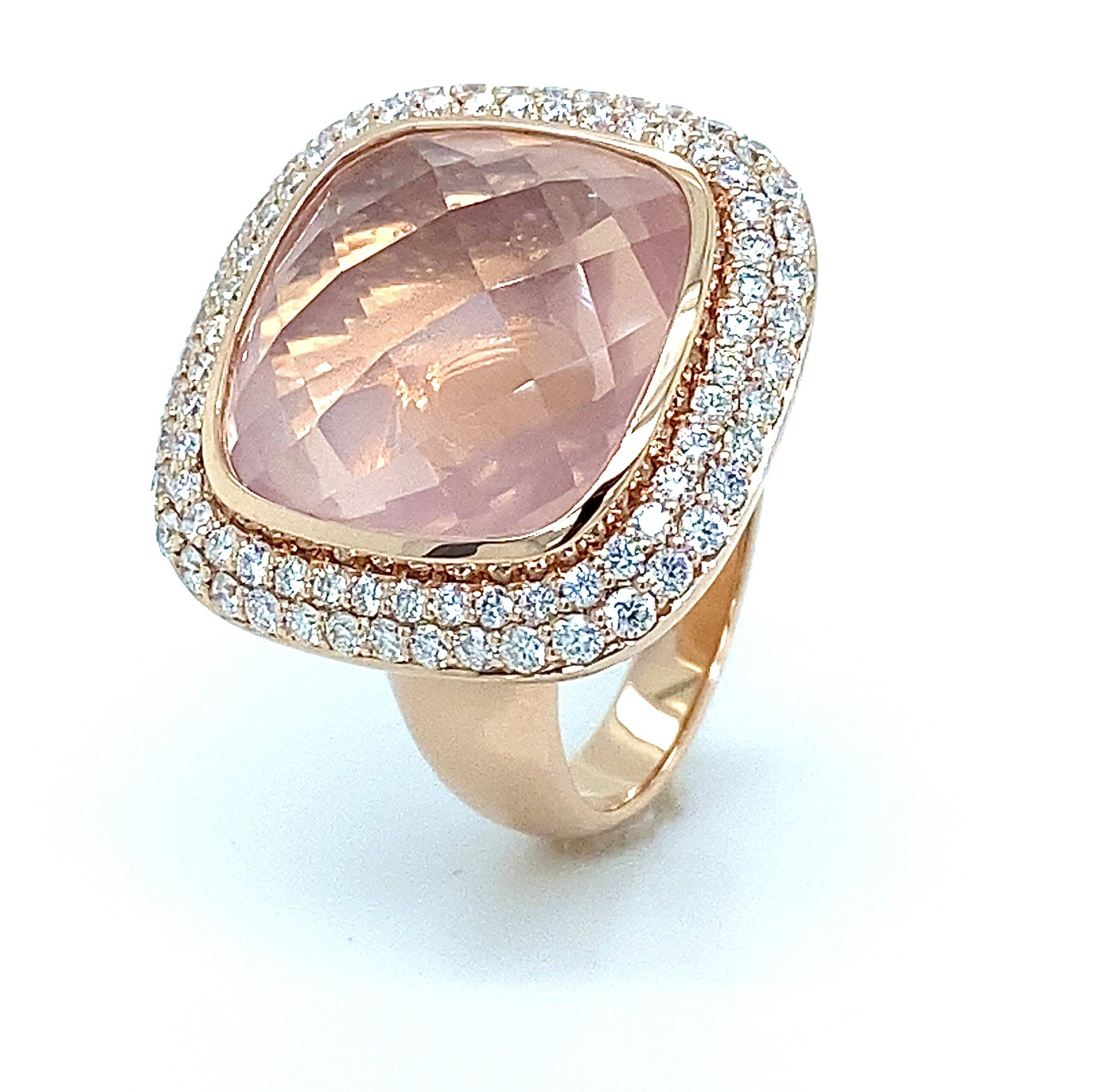 By Pigalle Pillow ring 14k roségoud met diamant 1.09crt VS W en roze quartz